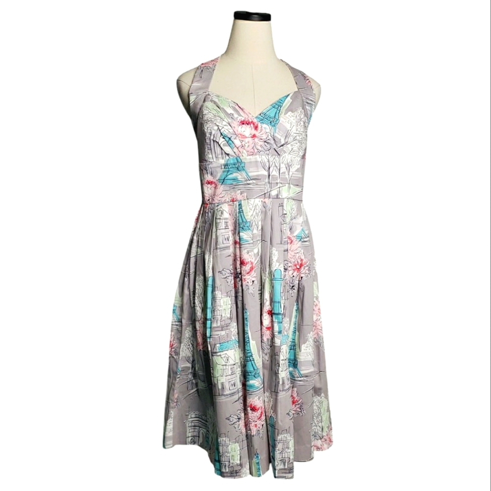 Retrospec'd Clothing Halter Dress Fit Flare Sophia Parisian Scene Pleats Floral